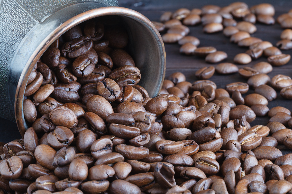 Kona coffee beans closup